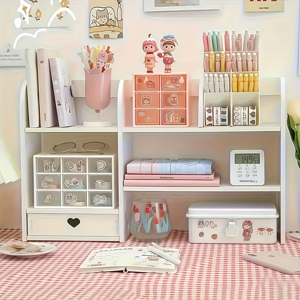 White Two-Tier Desktop Organizer Shelf with Multiple Compartments, Heart Drawer and 50 cm Wide Top