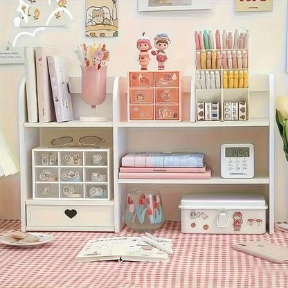 White Two-Tier Desktop Organizer Shelf with Multiple Compartments, Heart Drawer and 50 cm Wide Top