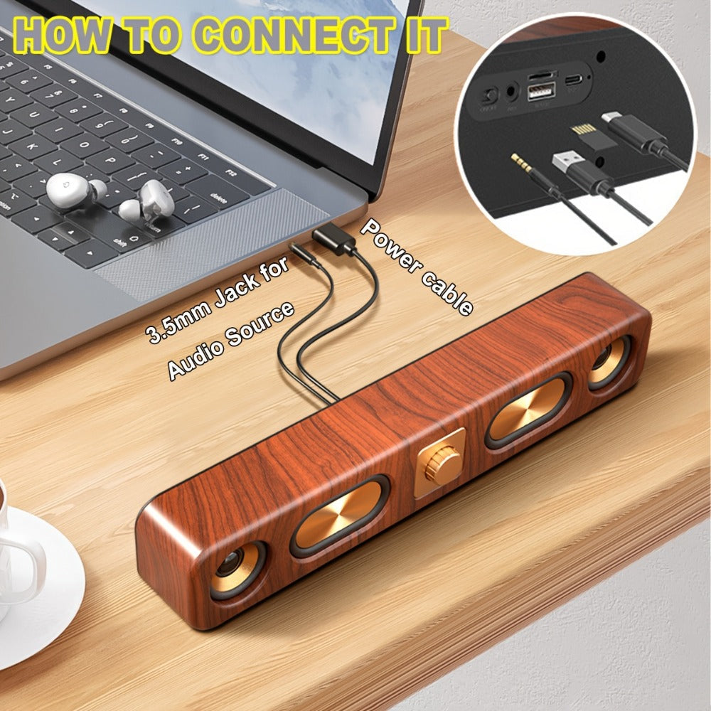 Retro Wood Grain Bluetooth Speaker Dual 2-Inch Woofers 10W Wireless Desktop Soundbar TF AUX USB Hands-Free Calling 2400mAh for PC Laptop Tablet Smartphone