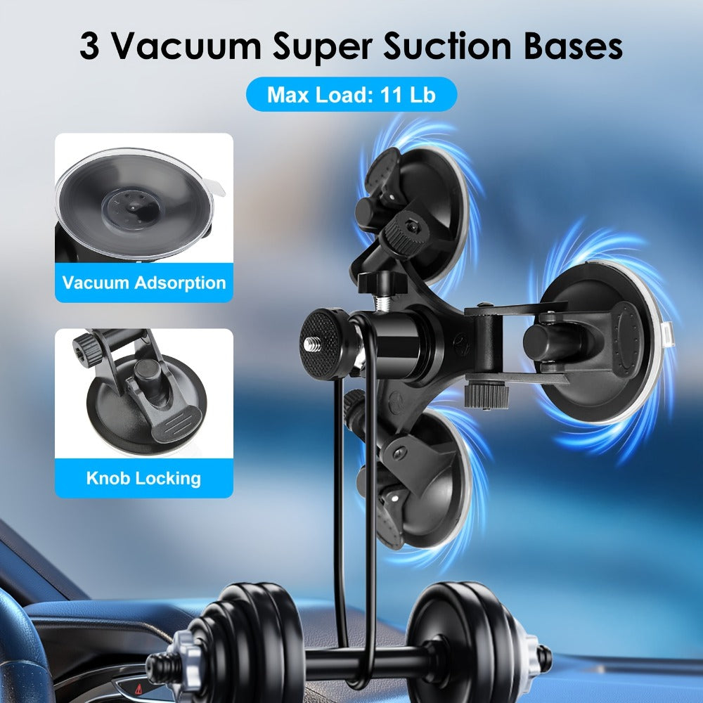 Three-Base Suction Cup Camera Mount with 360-Degree Ball Head and Quick-Release Holder for Camera Setups