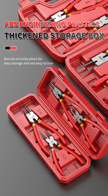 Four-Piece Snap Ring Pliers Set with Straight and Curved Jaws for Internal or External Rings in 7- or 9-Inch Sizes