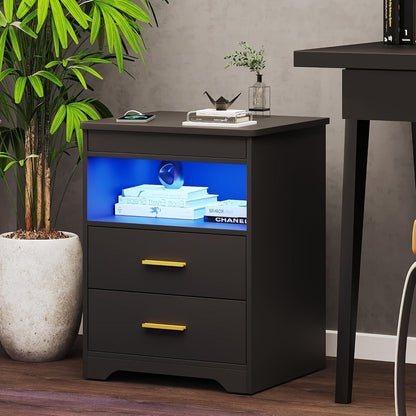 Nightstand Two-Drawer Bedside Table with Lockable Hidden Tray, Charging Station and 16-Color RGB Light