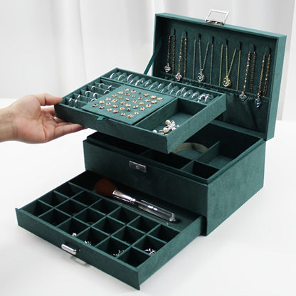 Jewelry Organizer Velvet-Lined Box with Key-Lock Closure and Drawers in Green, Pink or Black