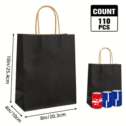 One Hundred Ten Black Kraft Paper Gift Bags with Handles, 8 x 4 x 10 Inch Bulk Retail Pack