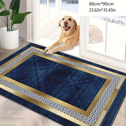 Navy Blue and Gold Geometric Area Rug with Four Exact Rectangular Size Options for Living Spaces