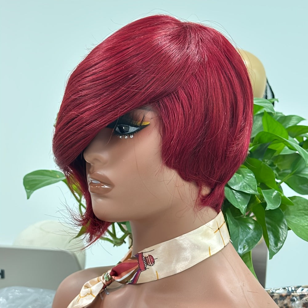 Layered Pixie Human Hair Wig with Side Bangs in #4 Brown, #99J Burgundy or #1 Black Color Options