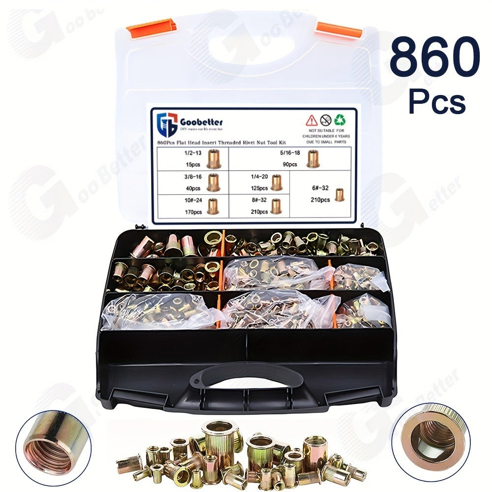 860pcs Rivet Nut Kit SAE UNC Assortment for Entryways, Bedrooms and Living Spaces, with the Listed Configuration