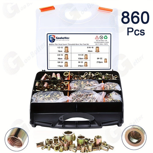 860pcs Rivet Nut Kit SAE UNC Assortment – Zinc Plated Carbon Steel Flat Head Insert Threaded Nuts 7 Sizes with Case for Auto Furniture & Industrial Projects