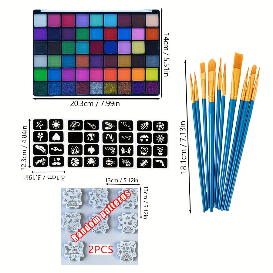 54 Color Face & Body Paint Kit with UV Fluorescent, Matte & Glitter Shades, Pattern Templates, Brushes &