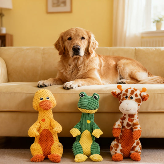 Dog Toy Squeaky Plush Deer or Frog Character for Chew, Tug, Fetch, Shake and Cuddle Play for All Breeds