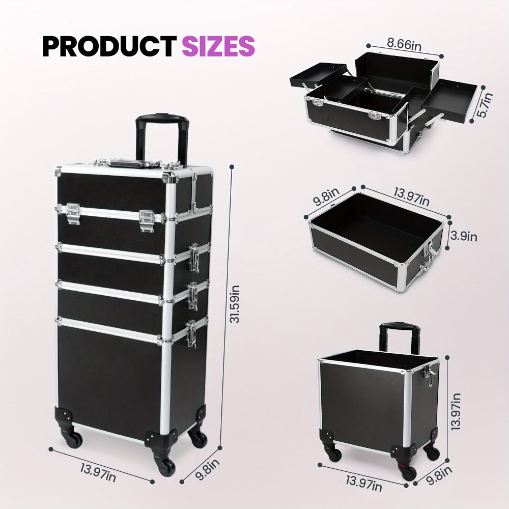 Black Four-Level Rolling Makeup Train Case with Telescoping Handle, Four Trays and Detachable Caster Wheels