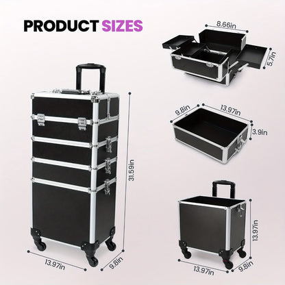 Black Four-Level Rolling Makeup Train Case with Telescoping Handle, Four Trays and Detachable Caster Wheels