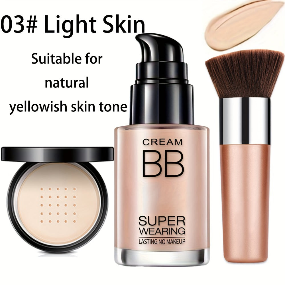 BB Cream Makeup Kit with Powder, Brush and Sponge in Three Exact Numbered Shade Options for Face Makeup