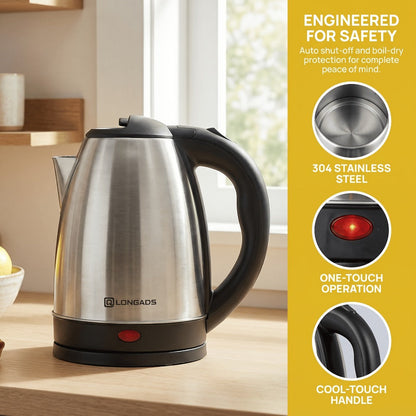 Electric Kettle by LONGADS, 2L 1000W Stainless Steel Body with Seamless Interior and Black Trim