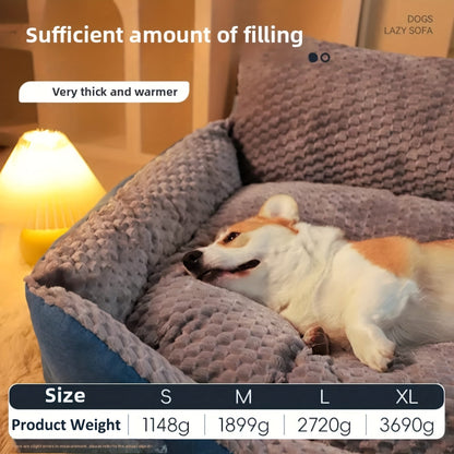 Blue-Gray Dog Bed Couch with Raised Back and Side Bolsters in Four Sizes, Plus One Random Cat Teaser