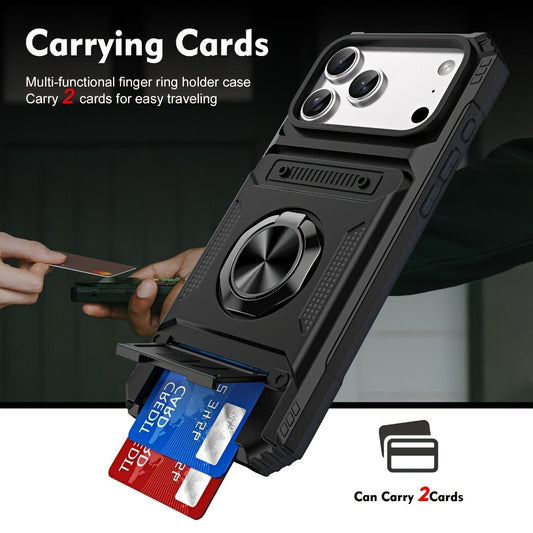 iPhone Card Slot Shockproof Case with Ring Holder & Kickstand – Wallet Phone Cover for iPhone 17 17 Air 17 Pro Max 16 15 14 13 12 11 Pro Max Plus Mini | Heavy Duty Drop Protection