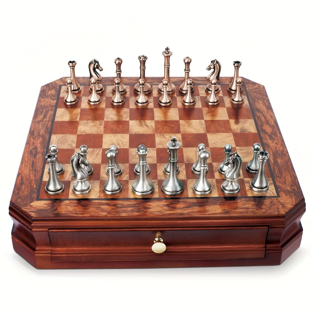 12-Inch Wooden-Style Chess Set with Metal-Finish Pieces, Two Storage Drawers and Two Extra Queens for Adults