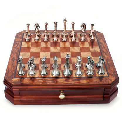 12-Inch Wooden-Style Chess Set with Metal-Finish Pieces, Two Storage Drawers and Two Extra Queens for Adults