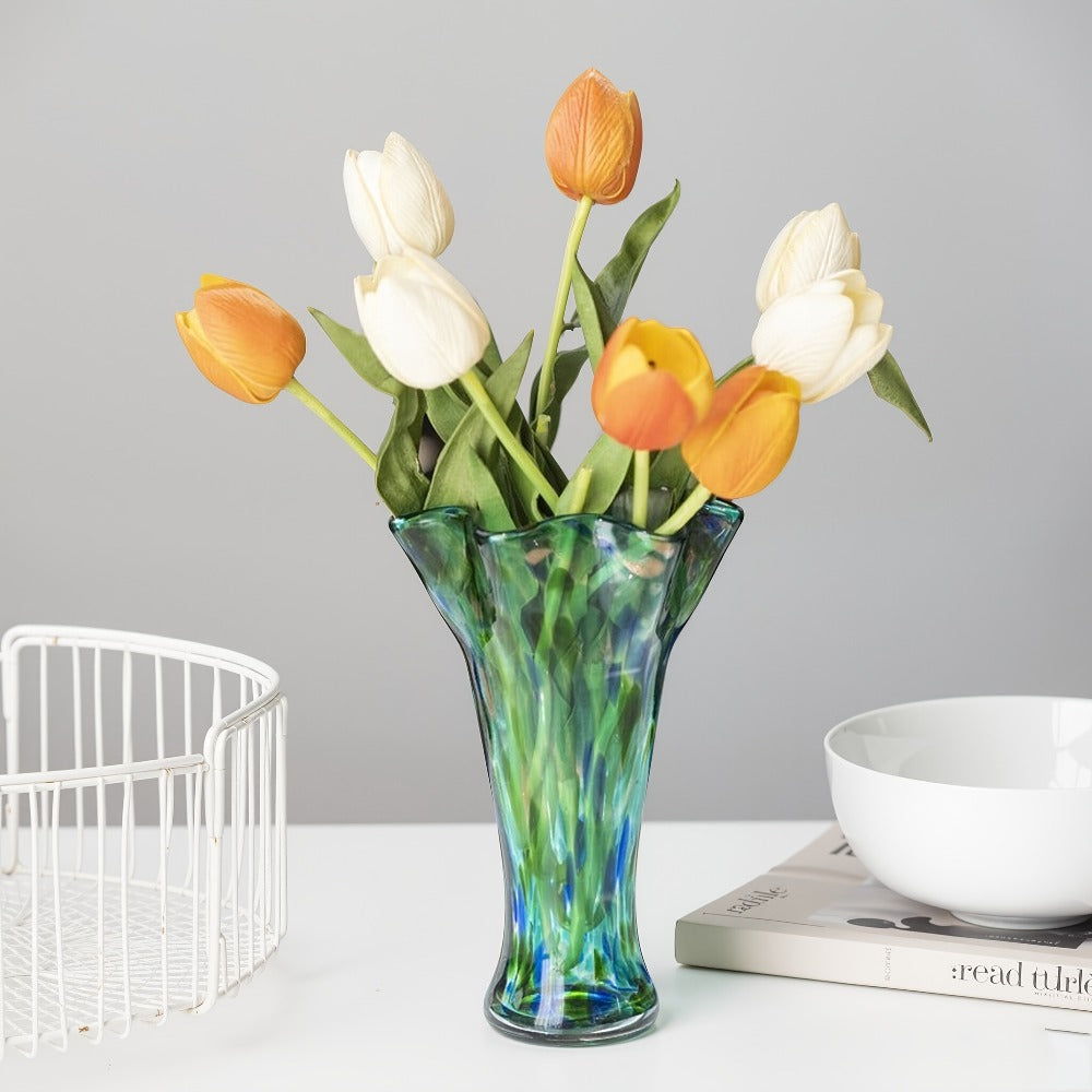 Teal Green Art Glass Flower Vase with Wide Petal-Shaped Mouth, 26 cm Height and Thick Round Base