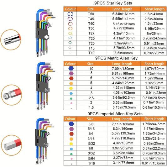 Hex Wrench Set 27-Piece – Color-Coded Long Ball End & Star Hex Keys with T-Handle | Chrome Vanadium Steel | Metric 1.5–10mm, SAE 1/16”–3/8”, Torx T10–T50
