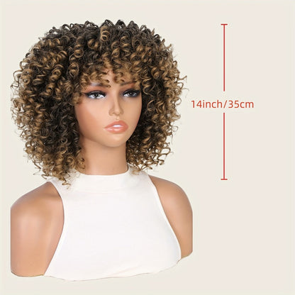Afro Kinky Curly Wig for Black Women Short Synthetic Hair with Bangs 180% High Density Natural Fluffy Curls Stretch Cap Daily Wear Party Cosplay Fits All Head Sizes