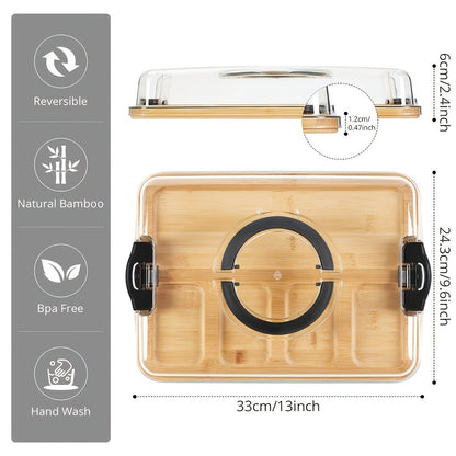 Five-Compartment Rectangular Charcuterie Tray with Clear Locking Lid, Black Handles and 33 x 24.3 cm Size