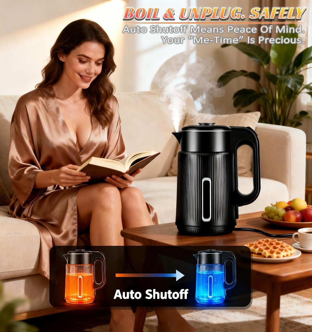 Electric Kettle 1.7L 1000W Double-Wall Stainless Steel with LED Indicator and 360-Degree Base