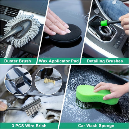 Car Cleaning Kit with Portable Vacuum Cleaner – 17/24/29/32/35pcs Interior Detailing Set with Windshield Cleaner, Drill Brush Set & Interior Brush Set – Complete Auto Care Kit