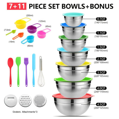 Stainless Steel Mixing Bowl Set 21-Piece with Lids and Grater Attachments, Nesting Bowls 0.7QT to 4.5QT, Rust Resistant Kitchen Bowls for Cooking Baking Serving, Complete Prep Bowl Set with Lids