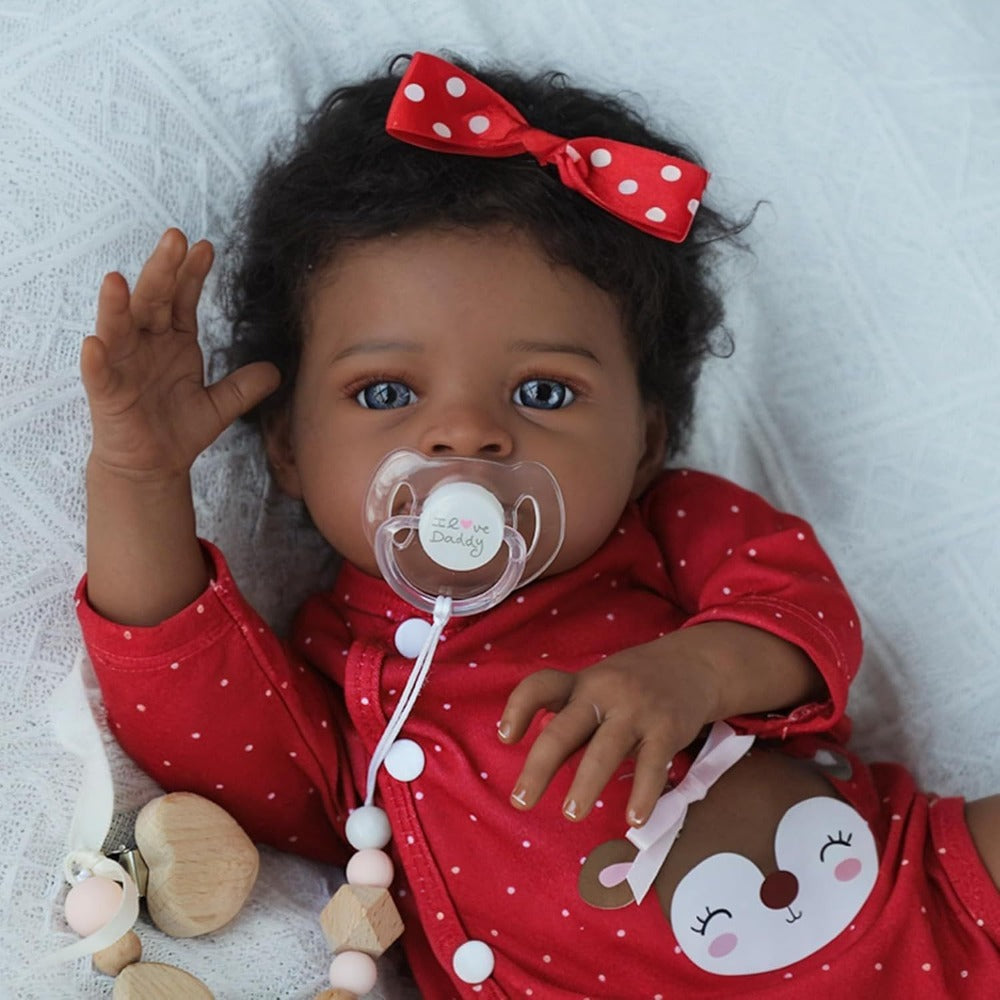 Reborn Doll, 20-Inch Cloth-Body Figure with Vinyl Limbs, Hand-Implanted Curly Hair and Gray Outfit