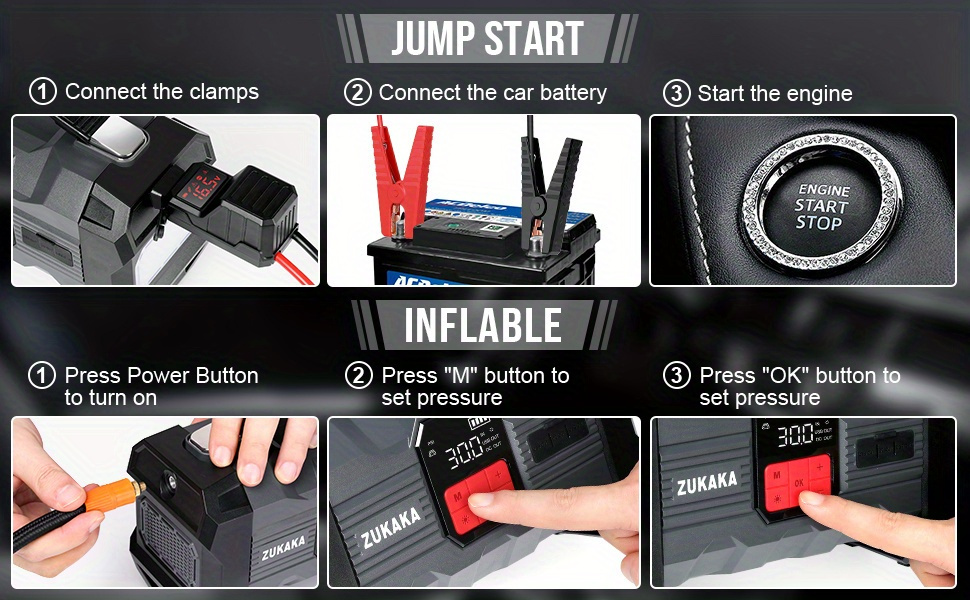 Jump Starter with Air Compressor 9000A Peak 10-in-1 150 PSI for All Gas 10L Diesel 12V USB USB-C Digital Display LED 10 Safety Protections Power Bank