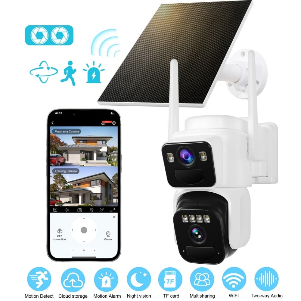 Security Camera Dual-Lens Solar Model with PIR Detection, Two-Way Audio, Spotlight Alarm and TF Card Options