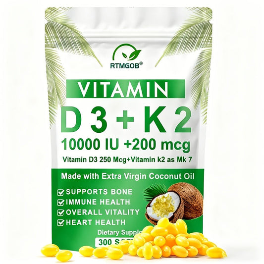 Vitamin D3 K2 MK-7 300 Softgels Value Size — 10000 IU D3 + 200mcg K2 with Extra Virgin Coconut Oil for Bone Density Immune & Heart Health | 10-Month Supply for Women and Men
