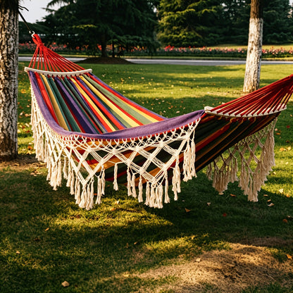 Hammock shown in the Large Red Tassel Hammock option