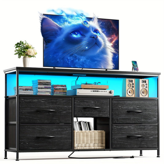 TV Stand, Dresser with Power Outlets & LED Lights, 5 Fabric Drawers Entertainment Center shown in the main product view