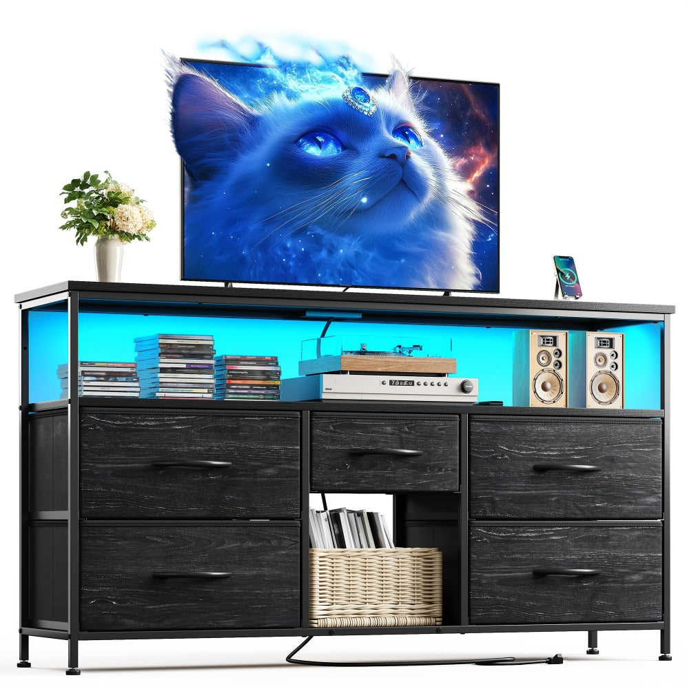 TV Stand, LED Dresser with 5 Fabric Drawers & Power Outlets, Entertainment Center for TVs shown in the main product view