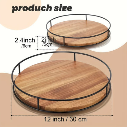 Wooden Turntable Kitchen Organizer 12-Inch Rotating Tray with Steel Armrests for Pantry or Countertop