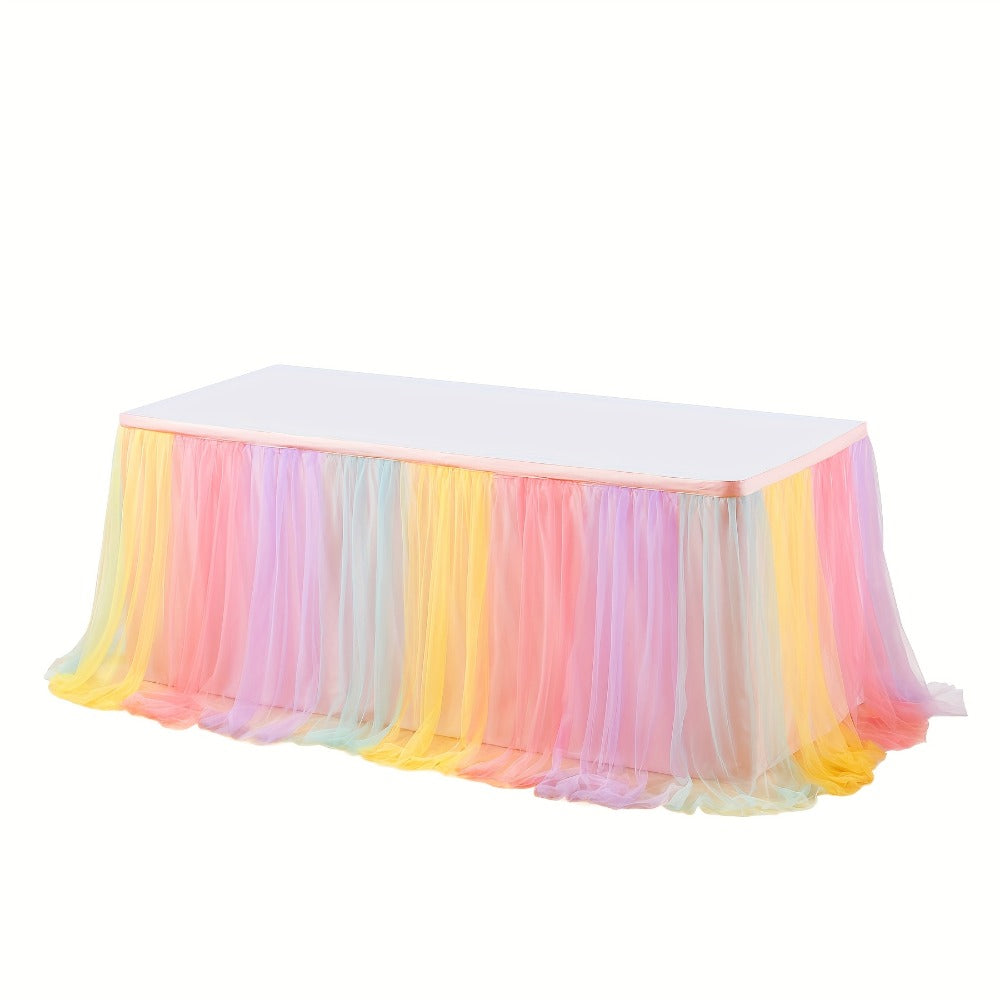 Pink Tutu Table Skirt 6ft – Ruffle Tulle Table Skirt for Rectangle & Round Tables, Princess Girls Birthday Party, Cake Dessert Table Decor, Gold Brim, Multiple Colors Available