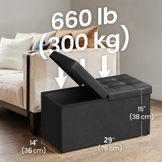 Storage Ottoman with Flip Top Lid 660lbs – Foldable Faux Leather Chest Stool, 30" Wide Extra Seating & Blanket Storage for Entryway, Living Room & Bedroom