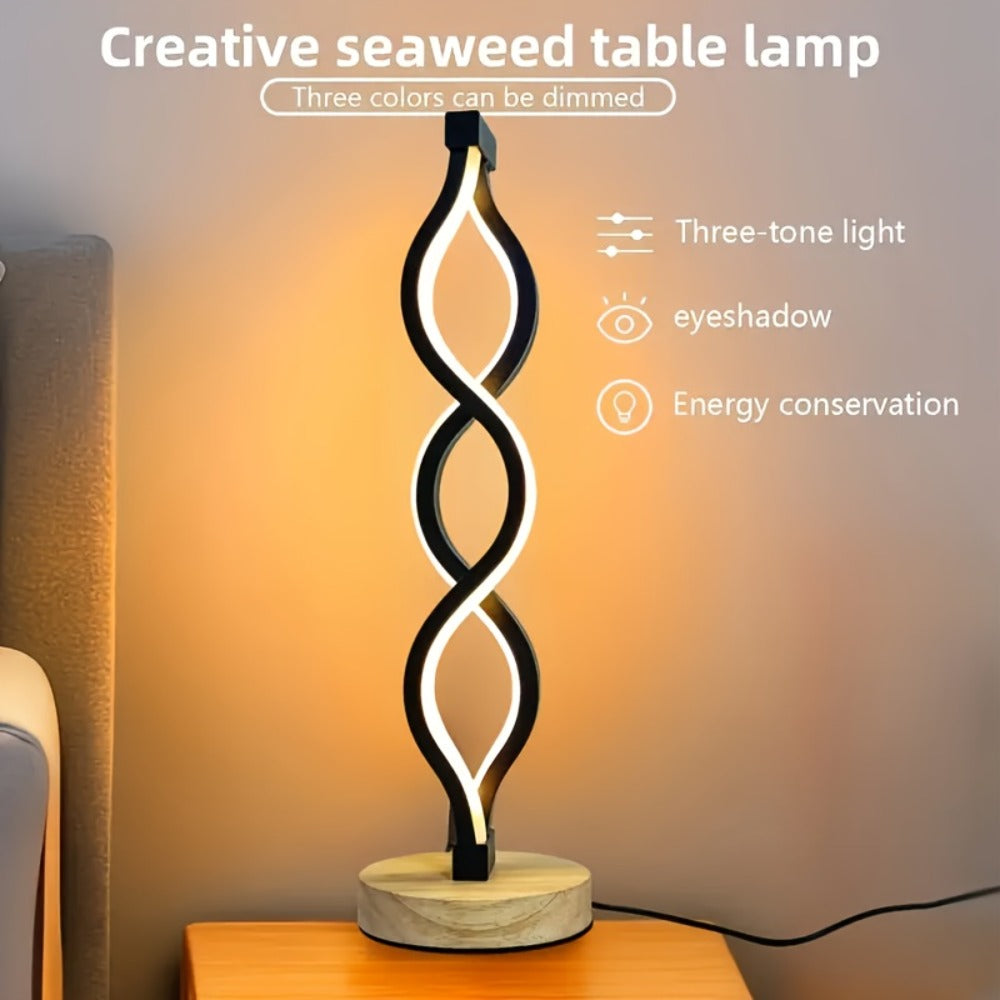 Table Lamp with Spiral LED Wave, Three Color Temperatures, USB Power and One, Two or Wood-Base Options