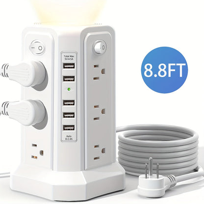 Night Light Power Tower Surge Protector 17-in-1, 12 AC Outlets & 5 USB Ports, 10.2ft Extension Cord, 4 Independent Switches, Overload Protection Charging Station for Home Office Dorm Room – White