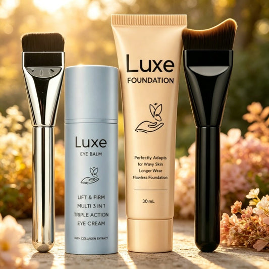 Liquid Foundation Makeup Set 4 Pcs — Full Coverage Buildable Foundation, Eye Cream Applicator & 2 Foundation Brushes, Natural Radiant Concealing Kit for All Skin Types, Women's Beauty Gift