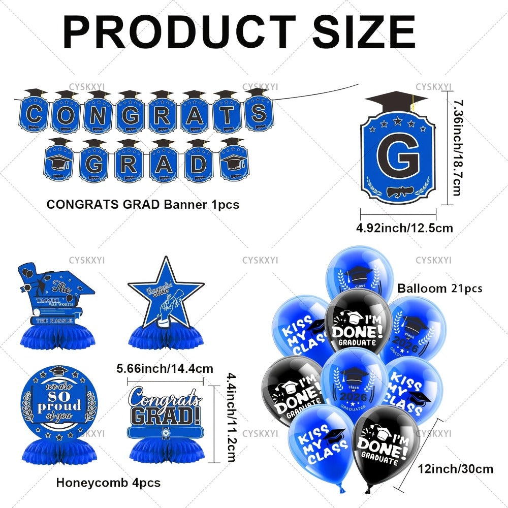 Party Decorations Class of 2026 Graduation Set with Backdrop, Banner, Swirls and Table Pieces in Five Colors