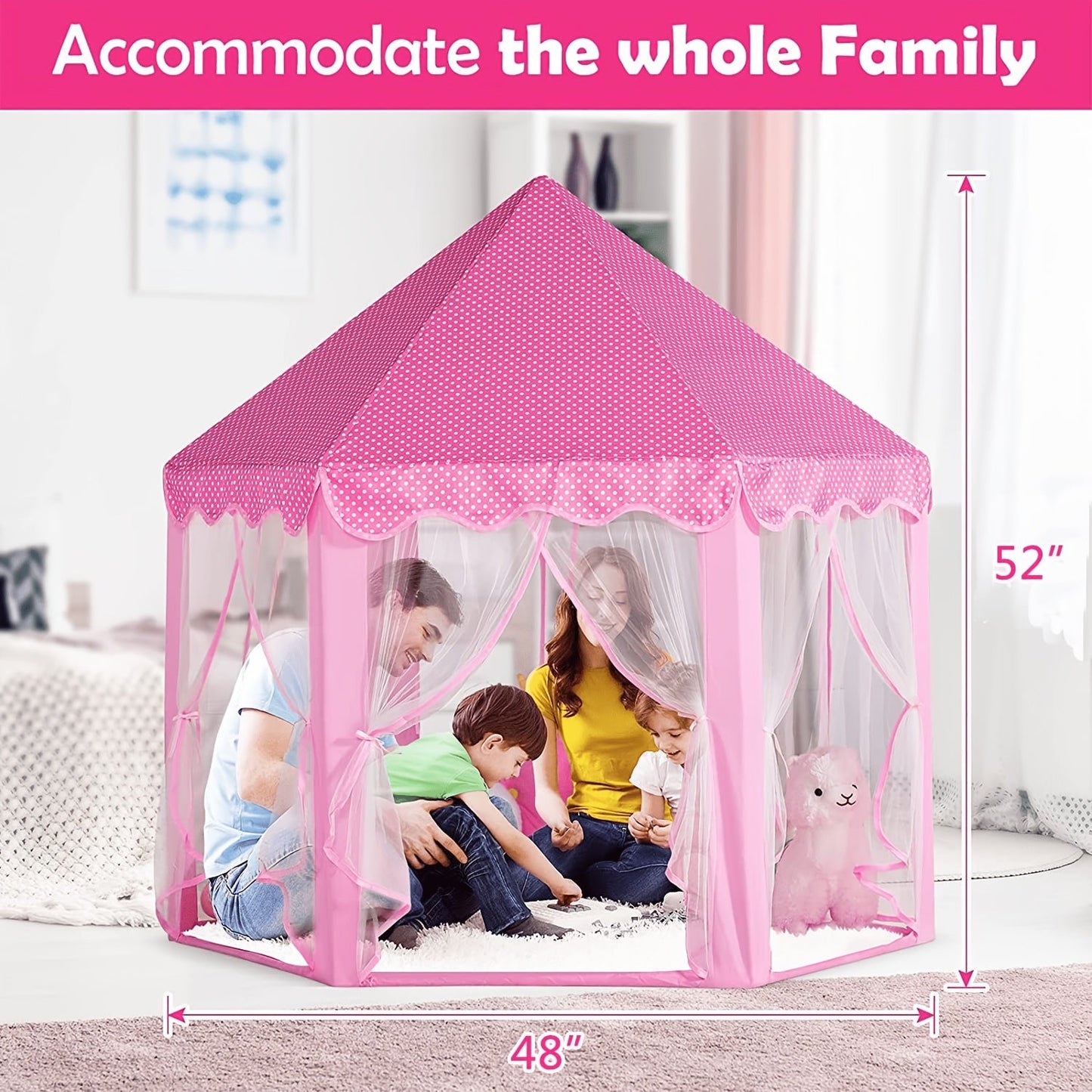 Pink Hexagonal Princess Play Tent with Sheer Mesh Door, Flower Print, 48-Inch Base and 52-Inch Height