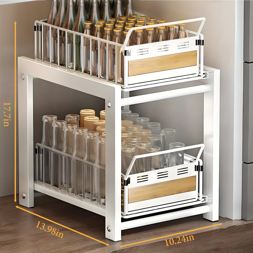 Two-Tier Pull-Out Cabinet Organizer with Dual Wire Baskets, 17.71 x 13.98 x 10.24 Inch Frame in Black or White