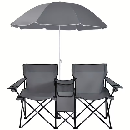 Folding Picnic Chair Set for 2 | Umbrella, Cooler Bag & Table, 600 Lbs Capacity, Portable