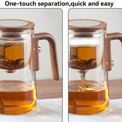 Twenty-Seven-Ounce Glass Teapot with Infuser, Wooden Handle and One-Button Tea Separation Design