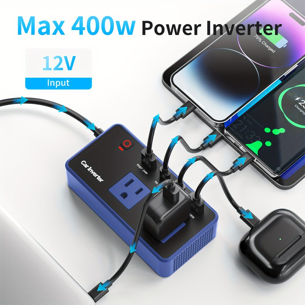 200W Car Power Inverter DC 12V to 110V AC Outlet + USB-C & USB-A 4.8A 24W, Car Plug Adapter Converter for Laptop Camping Travel Road Trip – Black / Blue