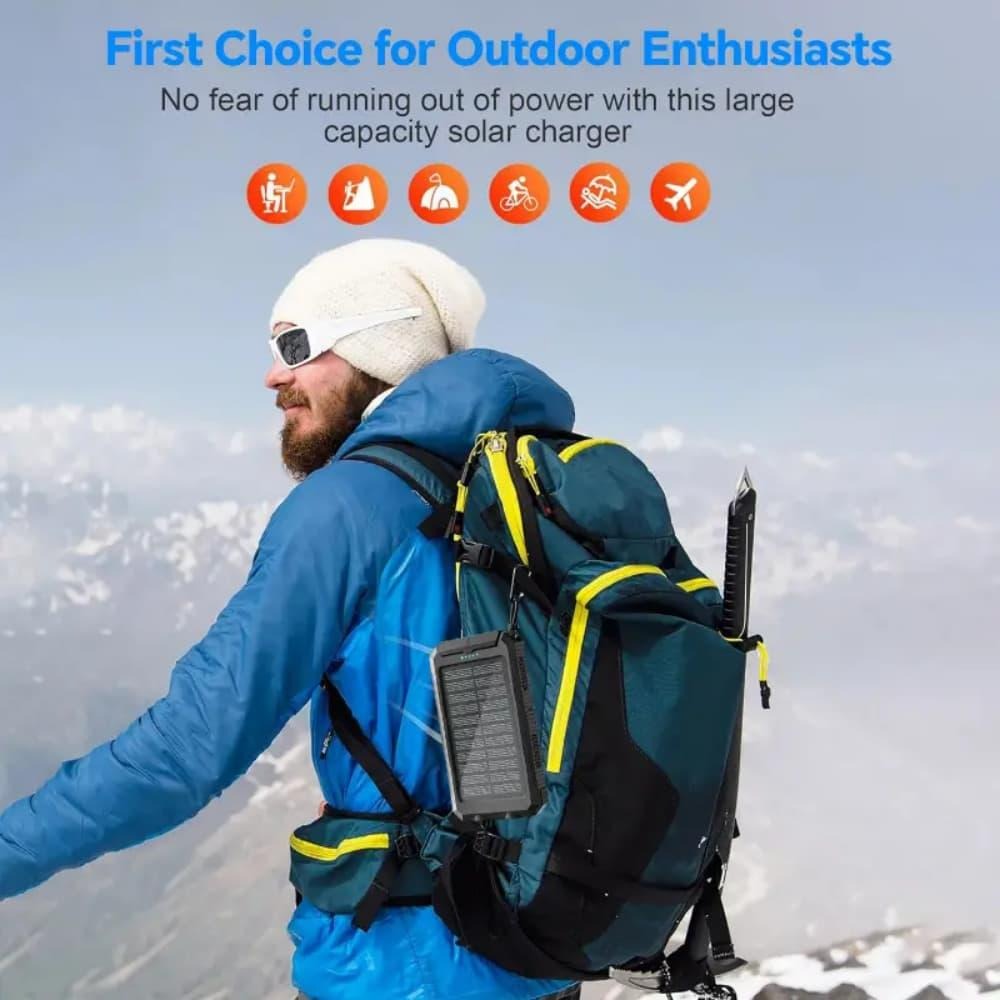 Solar Power Bank, 50000mAh Dual-USB Charger with Solar Panel, Dual LED Flashlights, Compass and Four Colors