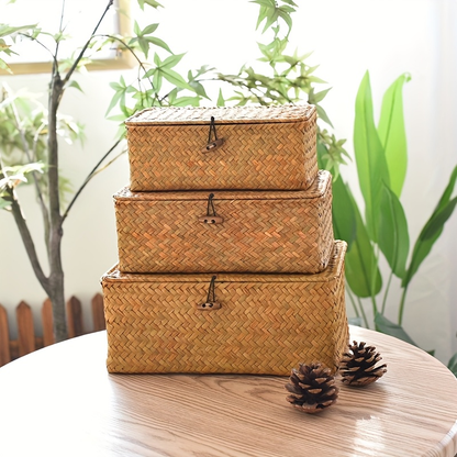 Rattan Storage Basket Set of 3 - Handwoven Wicker Organizer Bins with Lattice Lid & Label, Rustic Farmhouse Baskets for Kitchen Bathroom Pantry Shelf